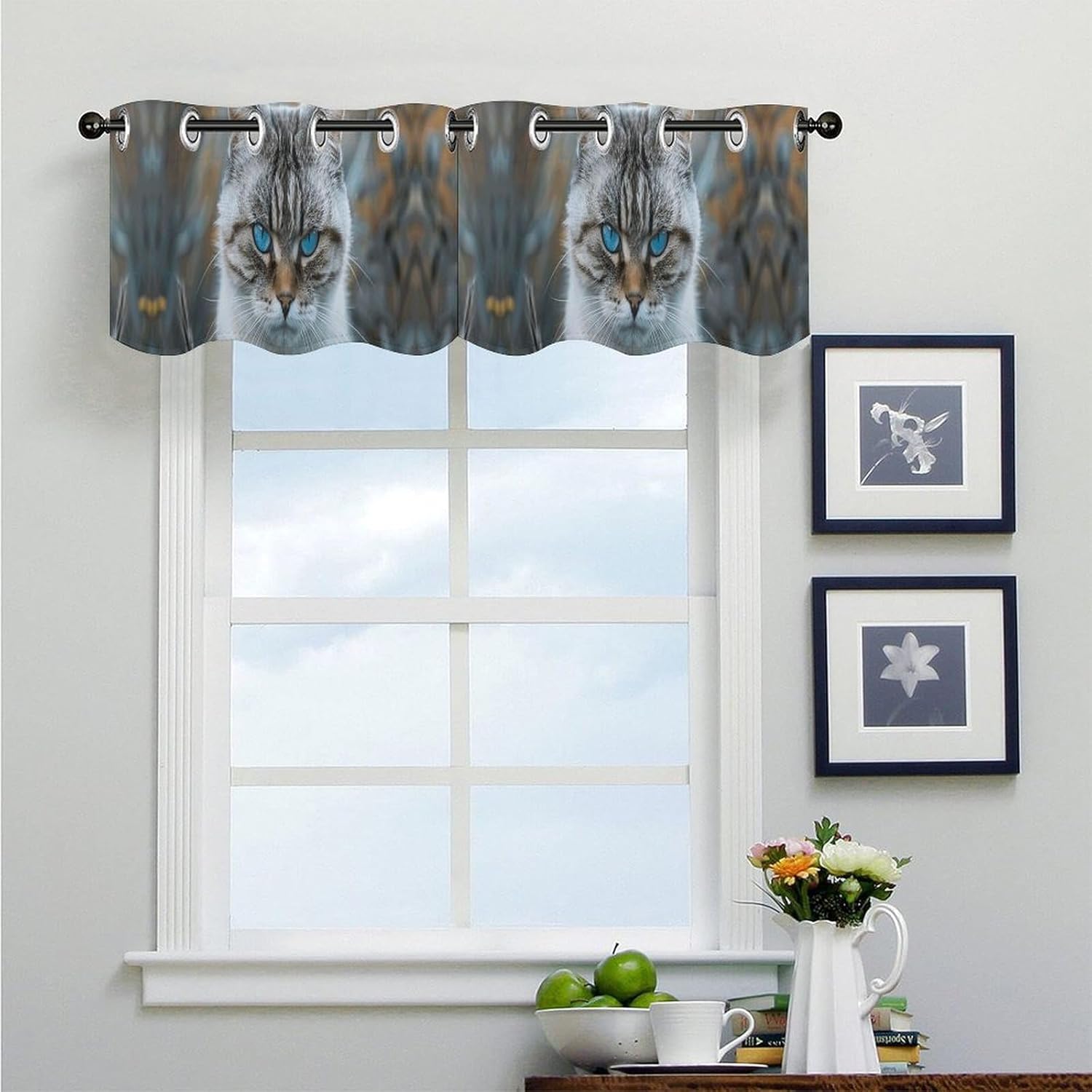 Gray and White Cat Valance for Windows, 2 Pack Kitchen Curtains Modern Home Decor, Soft Blackout Window Curtains for Living Room & Bedroom, 18 X 52 Inch