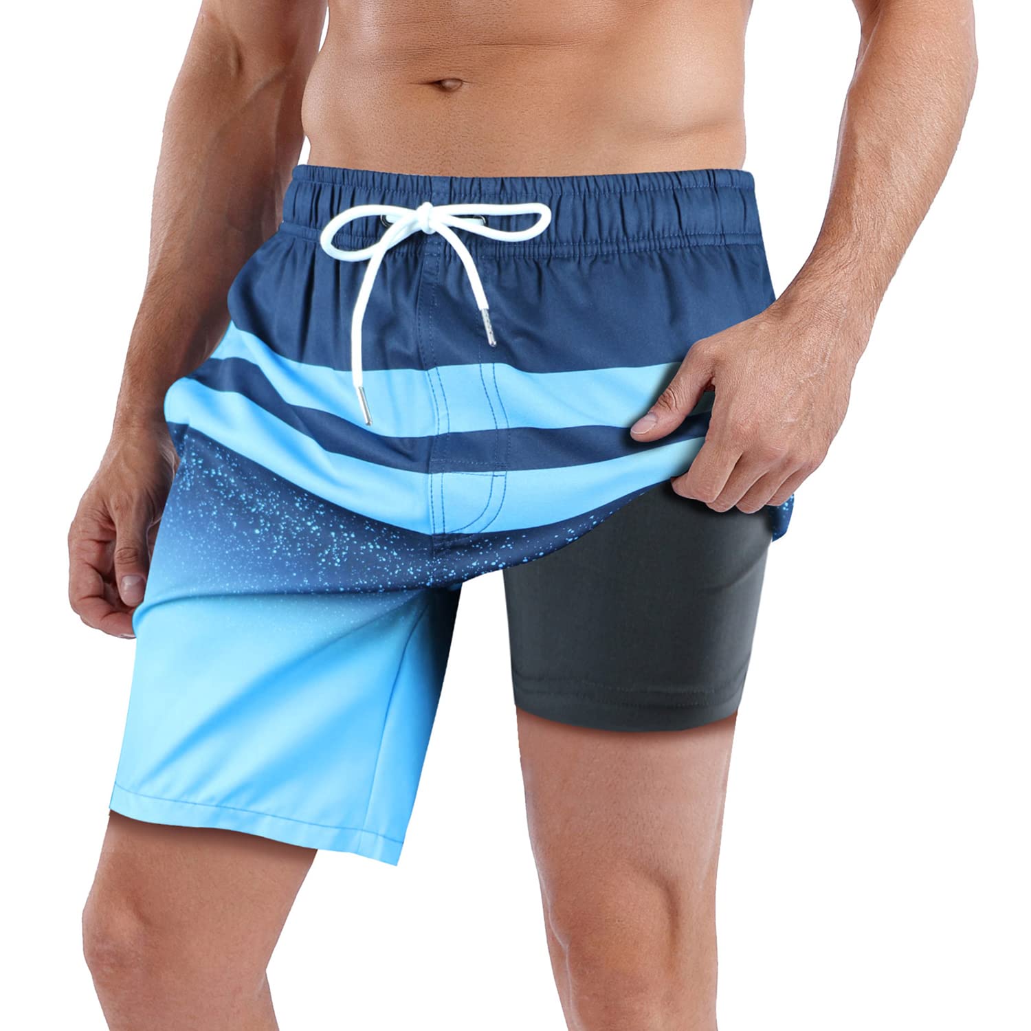 Mens Swim Trunks with Compression Lined 7'' Swim Shorts Quick Dry Swimwear Boardshorts with Boxer Brief Liner-image-26