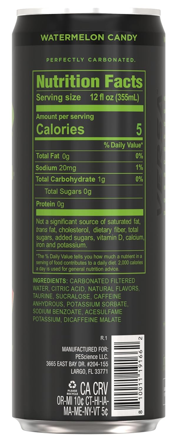 VERSA Energy by PEScience, Sugar Free Energy Drink, 125mg Caffeine, Perfectly Carbonated, Watermelon Candy, Case of 12
