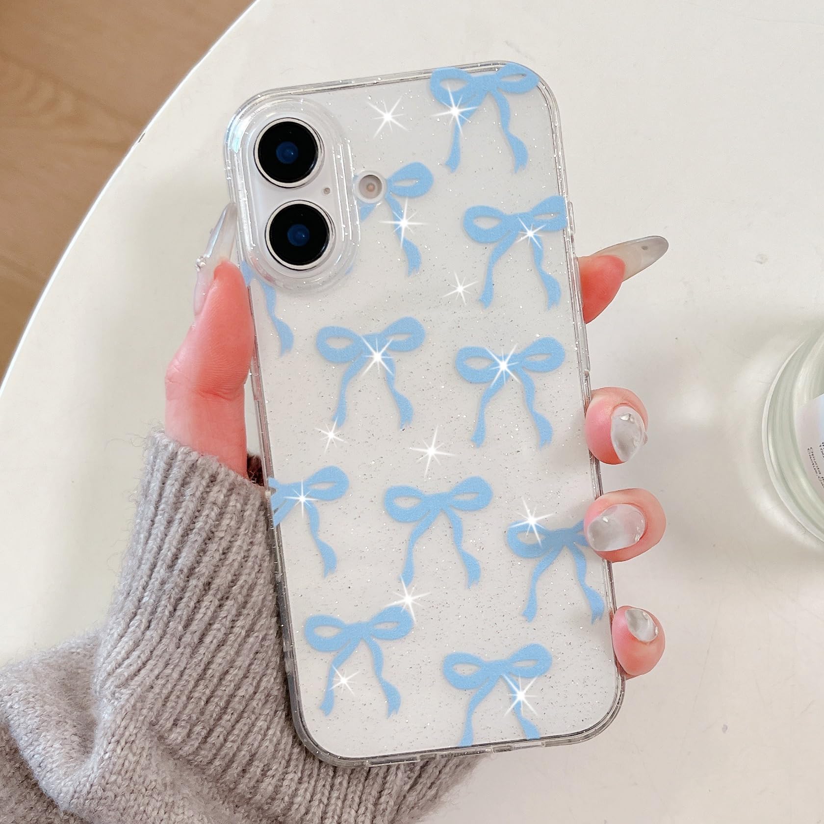 UEEBAI Bow Case for iPhone 16 Plus,Bling Glitter Ribbon Cover for Girl Women Clear Cute Slim Lightweight Pretty Pattern Anti-Yellowing Shockproof