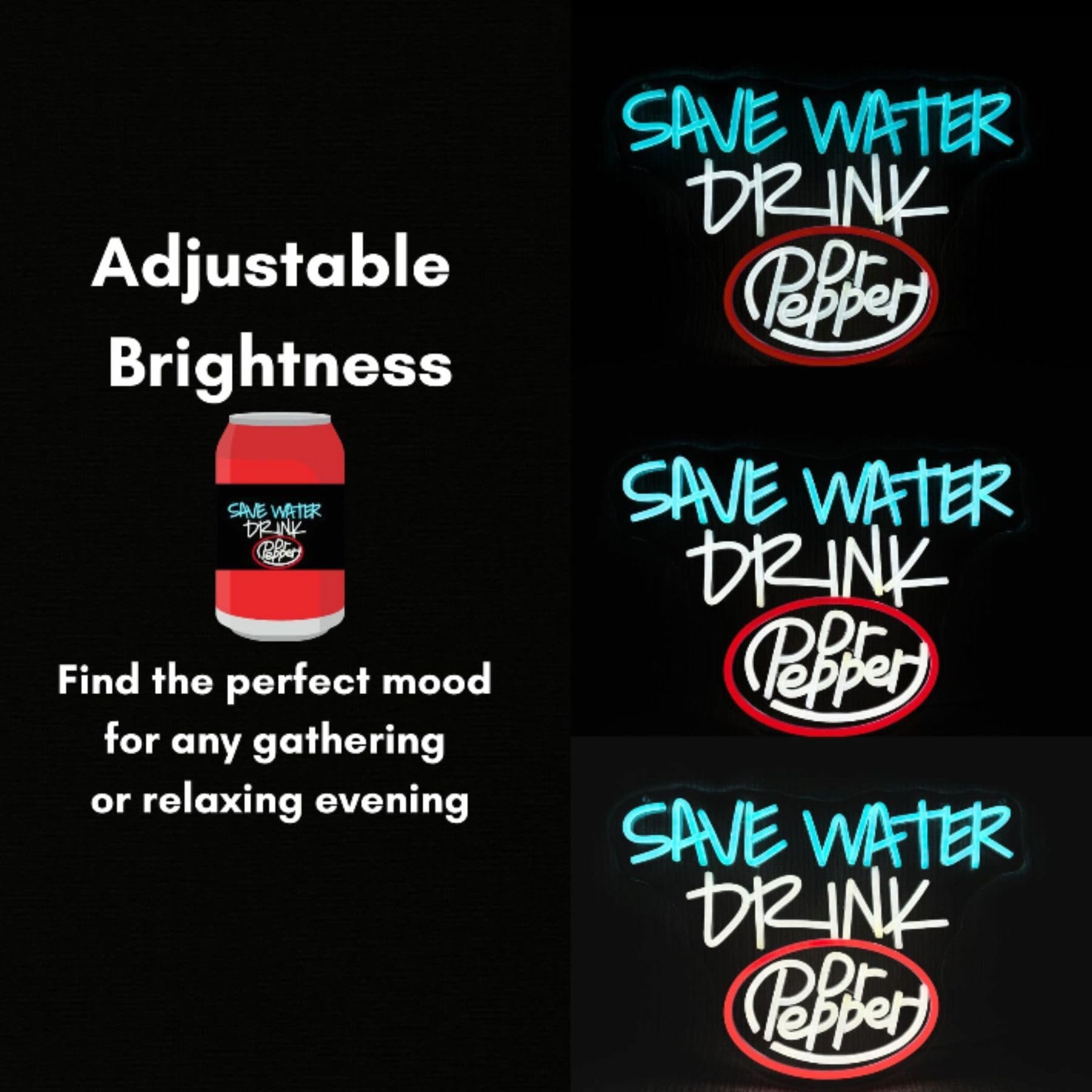 Insegna al neon retrò con scritta "Save Water Drink", luce al neon a tema Happy Soda, luminosità regolabile, blu ghiaccio/bianco/rosso, perfetta per decorazioni per feste, bar, decorazioni per la casa