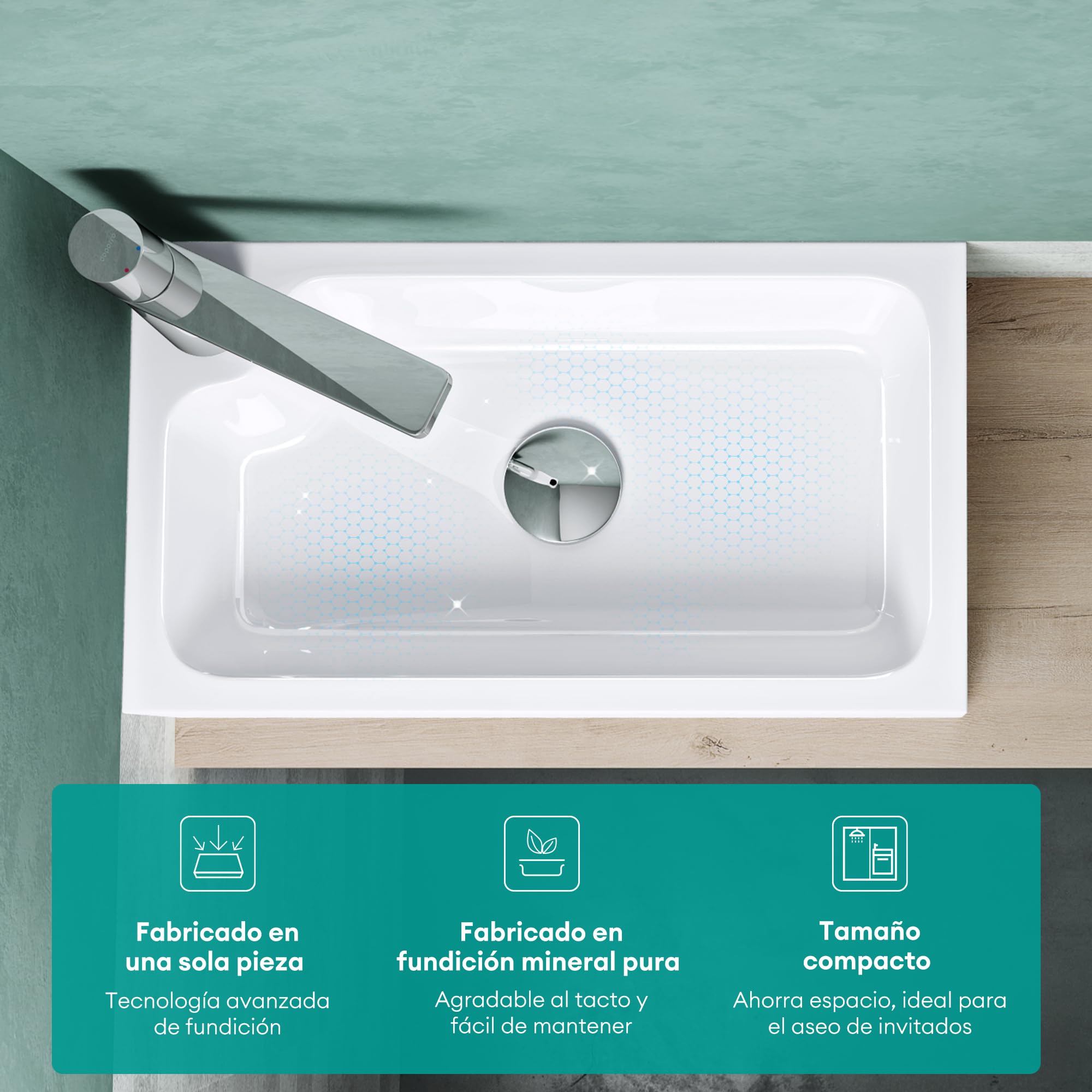 Mai & Mai Lavabo sobre Encimera 46x26x11 cm – Rectangular, Blanco Brillante, Mármol Fundido, Orificio Izquierdo para Grifo, sin Rebosadero, Colossum101