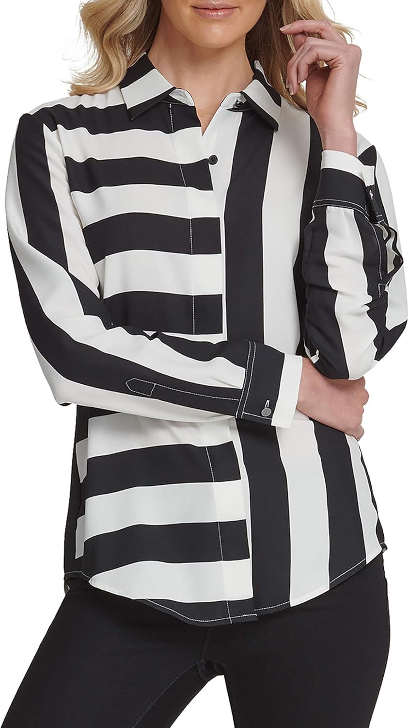 DKNY Womens Collared Long Sleeve Business Casual, Loose Woven Blouse