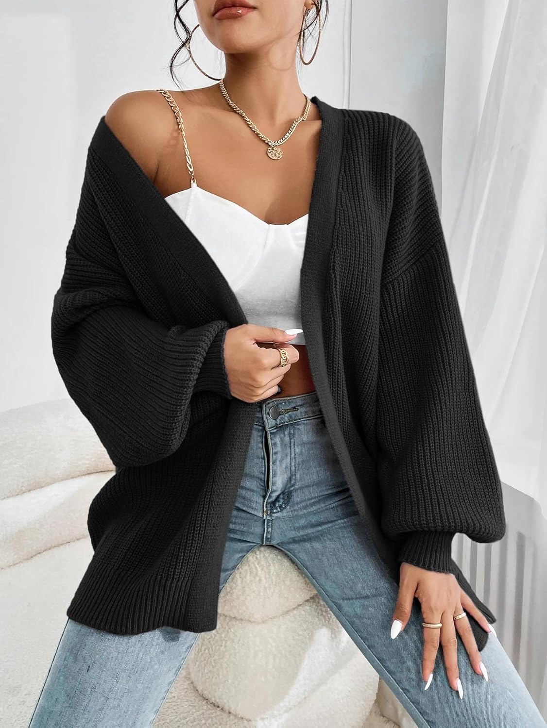Women's Trench Coat Casual Bishop Sleeve Drop Shoulder Ribbed Knit Cardigan Long Sleeve Classic Overcoat