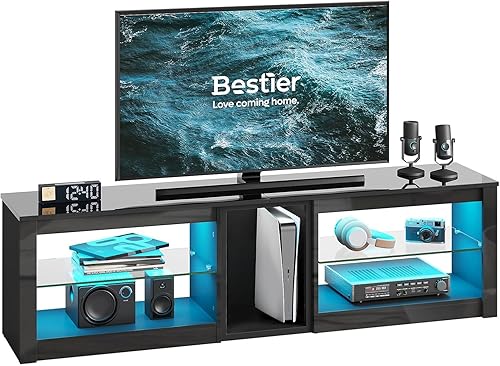 Miniatura 8 de Bestier Soporte de TV de alto brillo para TV de 70 pulgadas, centro de entretenimiento para juegos para PS5, gabinete de TV LED con estantes de