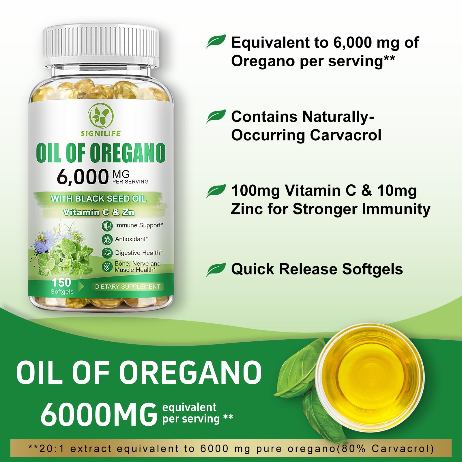 Oil of Oregano with Black Seed Oil, 6000mg/Serving, 150 Softgels — Amazon image 5