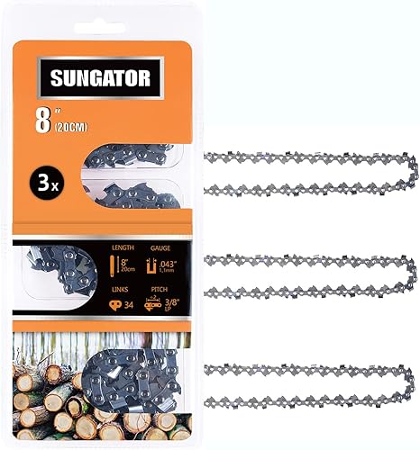 SUNGATOR Paquete de 3 cadenas de motosierra SG-R34 de 8 pulgadas, paso LP de 38 pulgadas, calibre .043 pulgadas, 34 eslabones de transmisión,