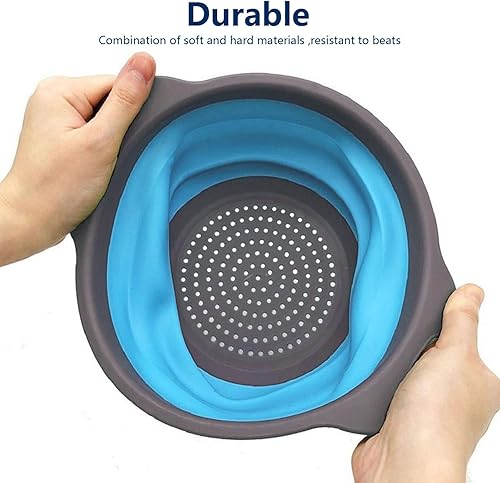 Miniatura 3 de Juego de 3 coladores plegables – Resistente al calor lavado y drenaje de verduras, frutas, pasta, perfecto para cocina y viajes (3 unidades, azul)