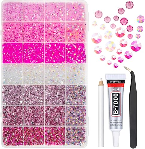 qiipii 28 Types Pink Jelly Resin Rhinestones w B7000 Jewelry Glue for Bedazzling Crafting 3mm-6mm Flatback Colorful Light Pink Hot Pink AB Stones Gems Diamonds for Nails Face Makeup Crafts Tumblers