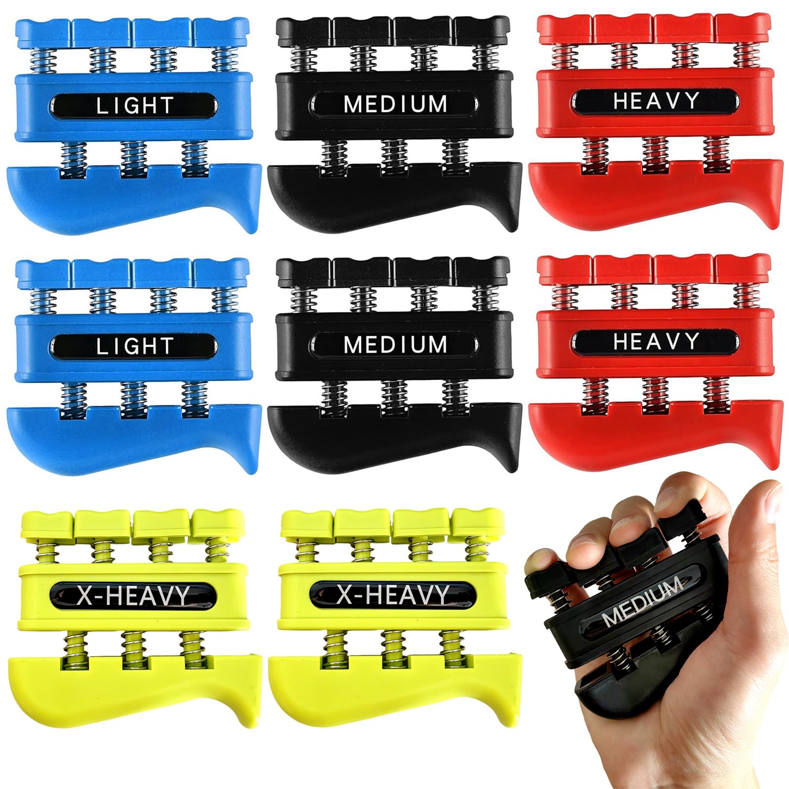4 Weights Total 8 Piece Grip Strength Trainer Set,Hand Grip Finger Exerciser,Finger Strengthener,Work Fitness Musician Finger Relaxation