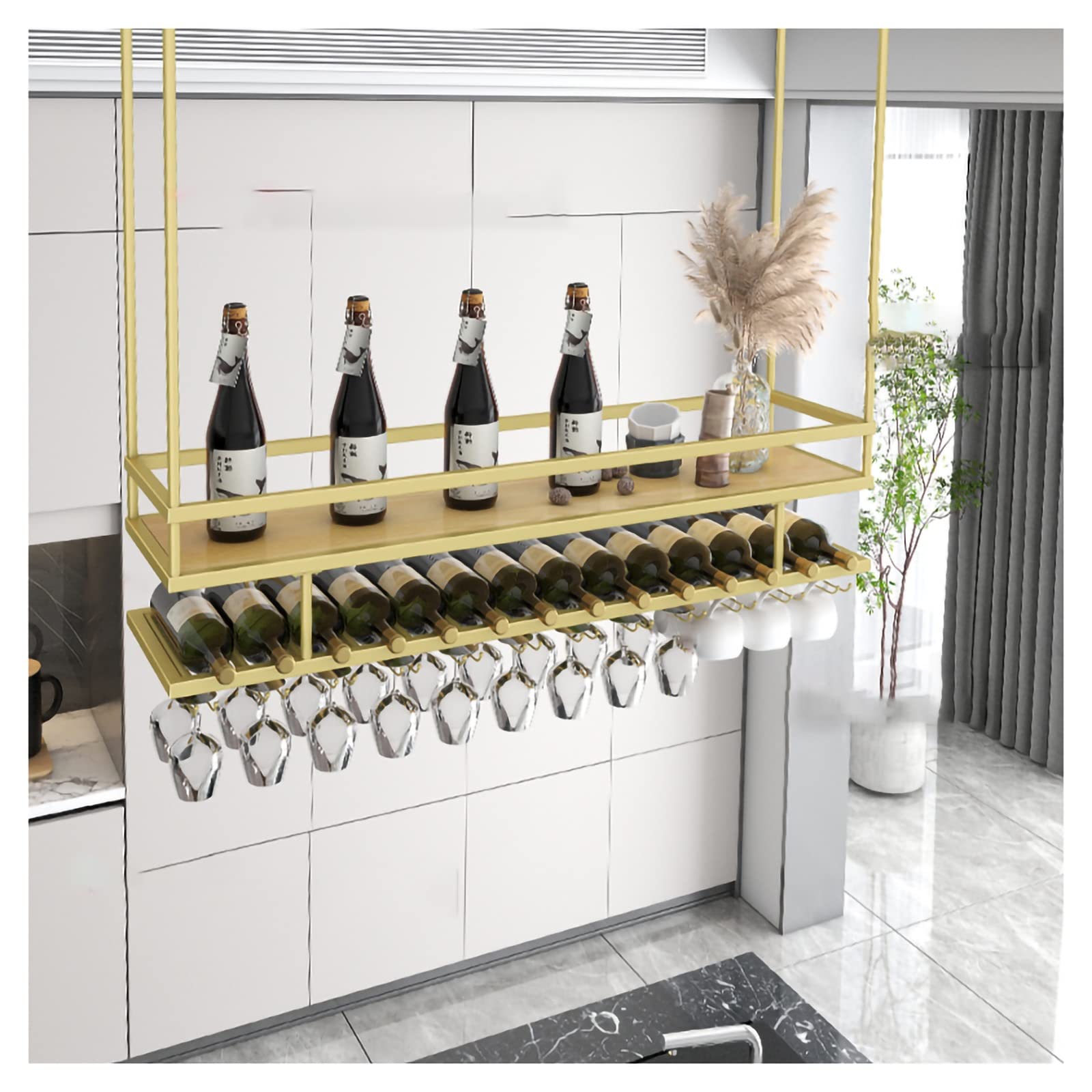 Porte-verre à vin suspendu au plafond doré et réglable en hauteur