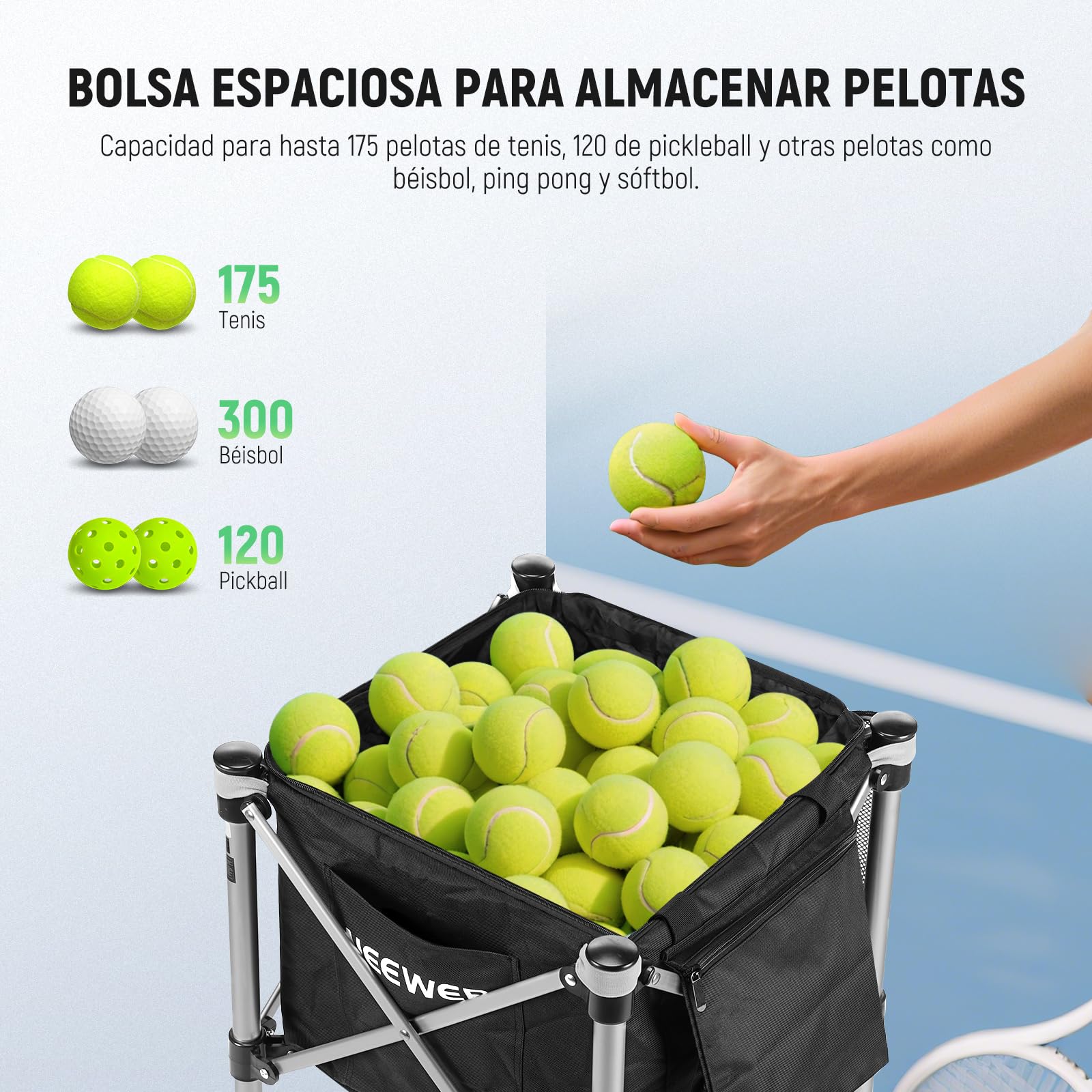 NEEWER Contenedor de Pickleball con Ruedas, Plegable Poliéster Picker Upper Hopper Carrying Basket Cart Holder con Bolsillo Lateral