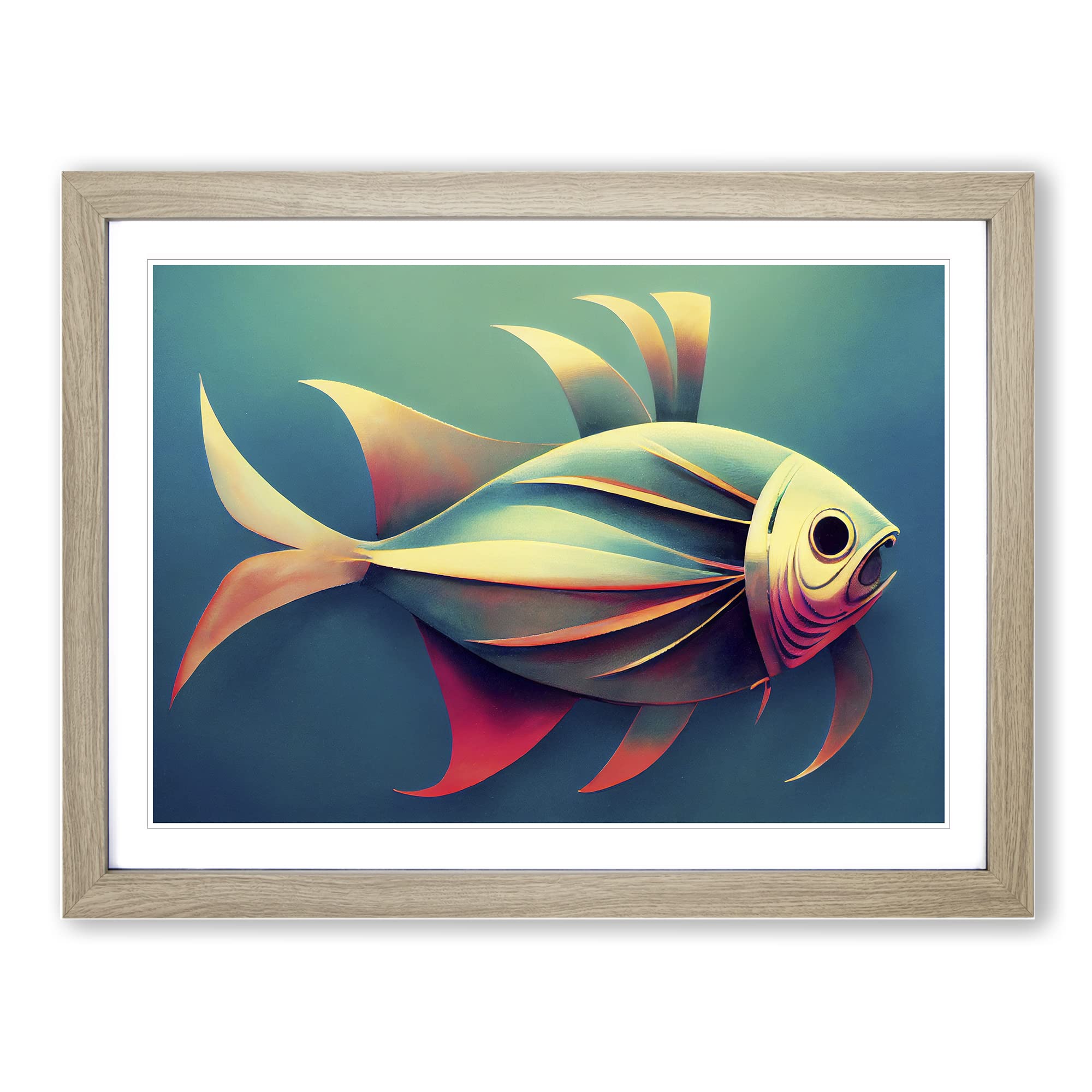 Epic Fish Abstract WHT Framed Print, Oak, A3 (46 x 34 cm)