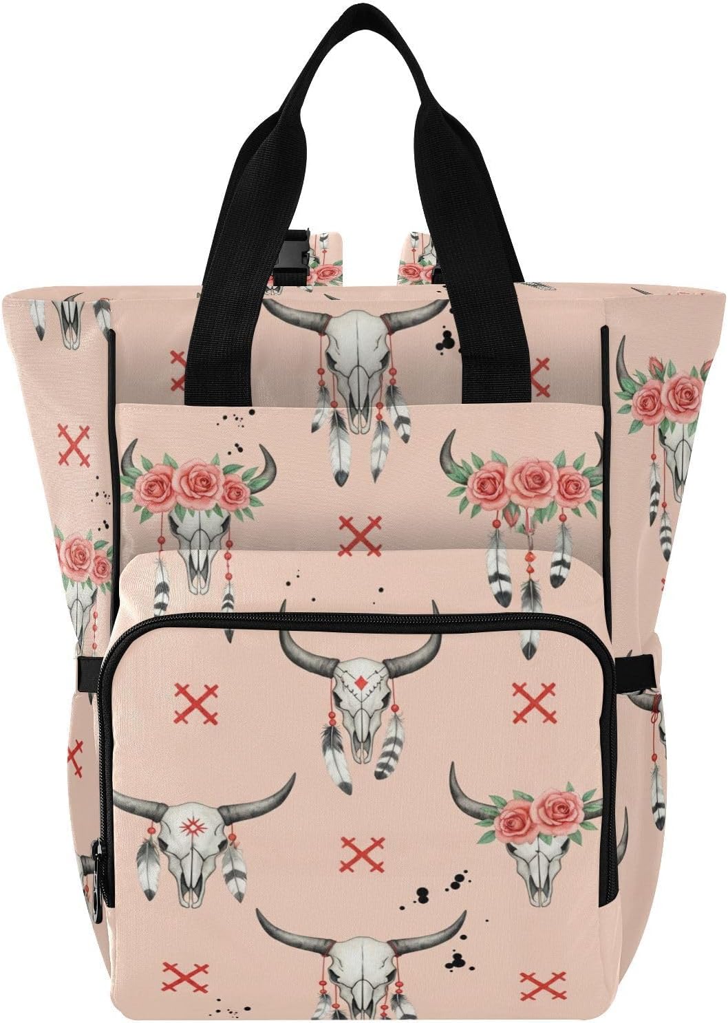 SPRIPORT Skull Roses Pink Pattern Diaper Bag Backpack for Baby Boys Girls Multifunction Baby Essentials Travel Tote with Stroller Straps & Bottle Storage Maternity Travel Bag for Baby Gifts Moms Dads