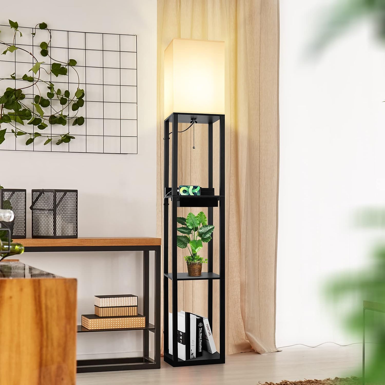 BrightHome Floor Lamp with Shelves and Drawer, Standing Lamp with 2 USB Charging Ports and 1 Outlet, Modern Tall Storage Shelf Lamp, Bright Lighting for Living Room Bedroom Office, Solid Wood in Black