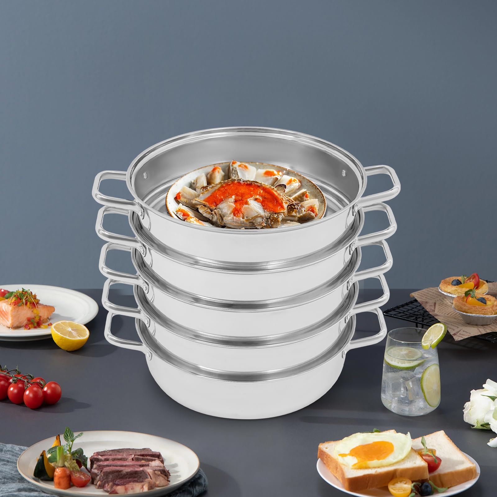 Cottura a vapore a 5 ripiani, in acciaio inox, Ø 32 cm, fornello a vapore con coperchio in vetro, pentola per piani cottura a induzione, fornello a gas, argento