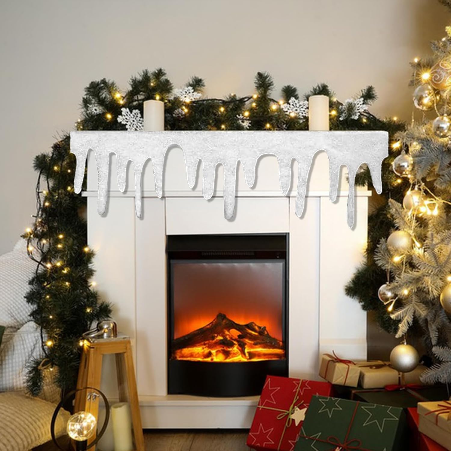 47x14 inch Christmas Fake Snow Blanket Roll, Fluffy Artificial Snow for Fireplace & Winter Village Decoration, Cotton Polyester Icicle Mantel Cover White