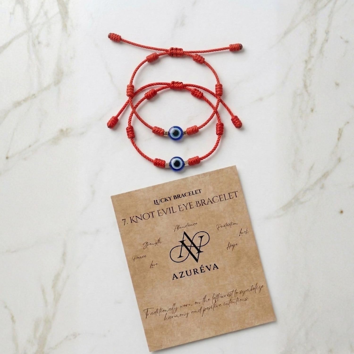 AZUREVA Evil Eye Bracelet for Women Men – 2Pcs Red String 7 Knot Kabbalah Protection, Adjustable Couple Matching Bracelet Set, Lucky Charm Spiritual Gift with Meaning Card
