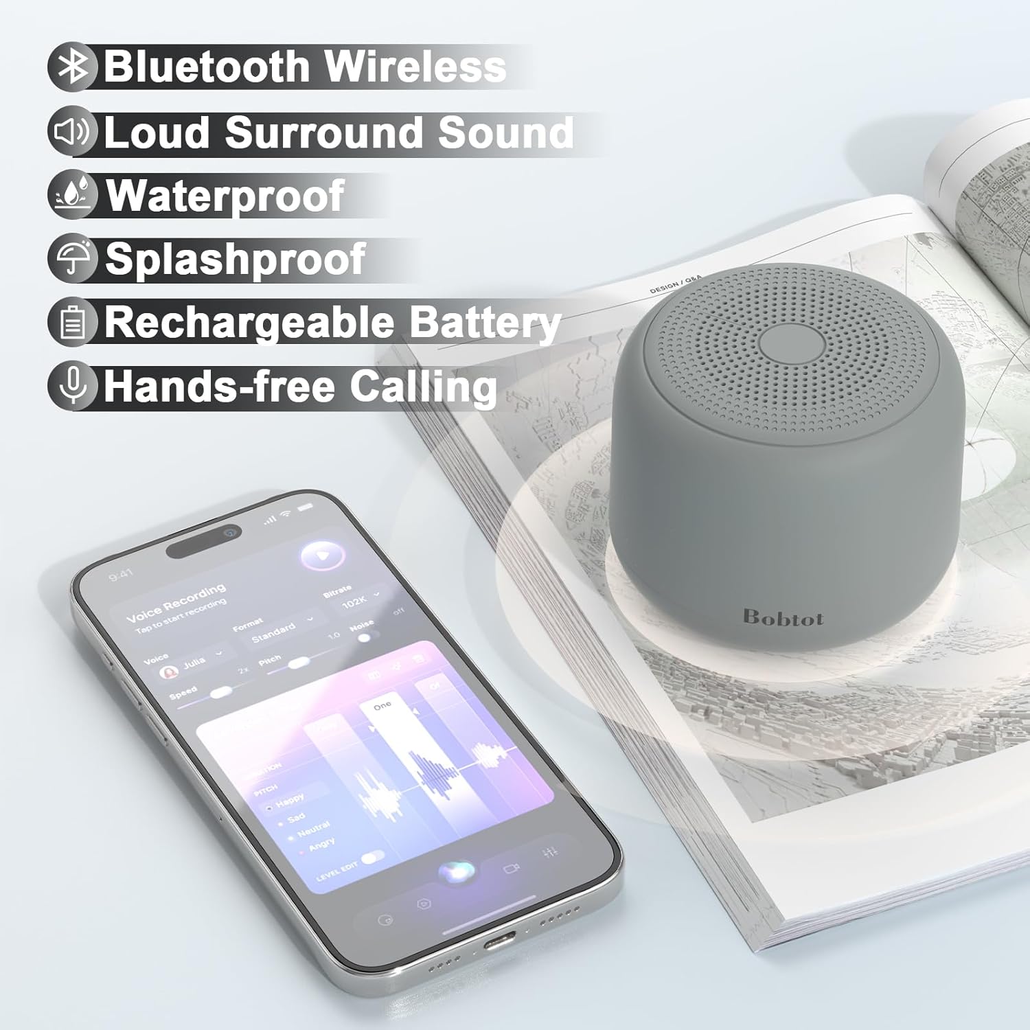 bobtot portable bluetooth speakers with strap easy to carry, wireless waterproof mini speaker with loud stereo sound, 20 hours playtime, rechargeable battery, built-in microphone, dark gray