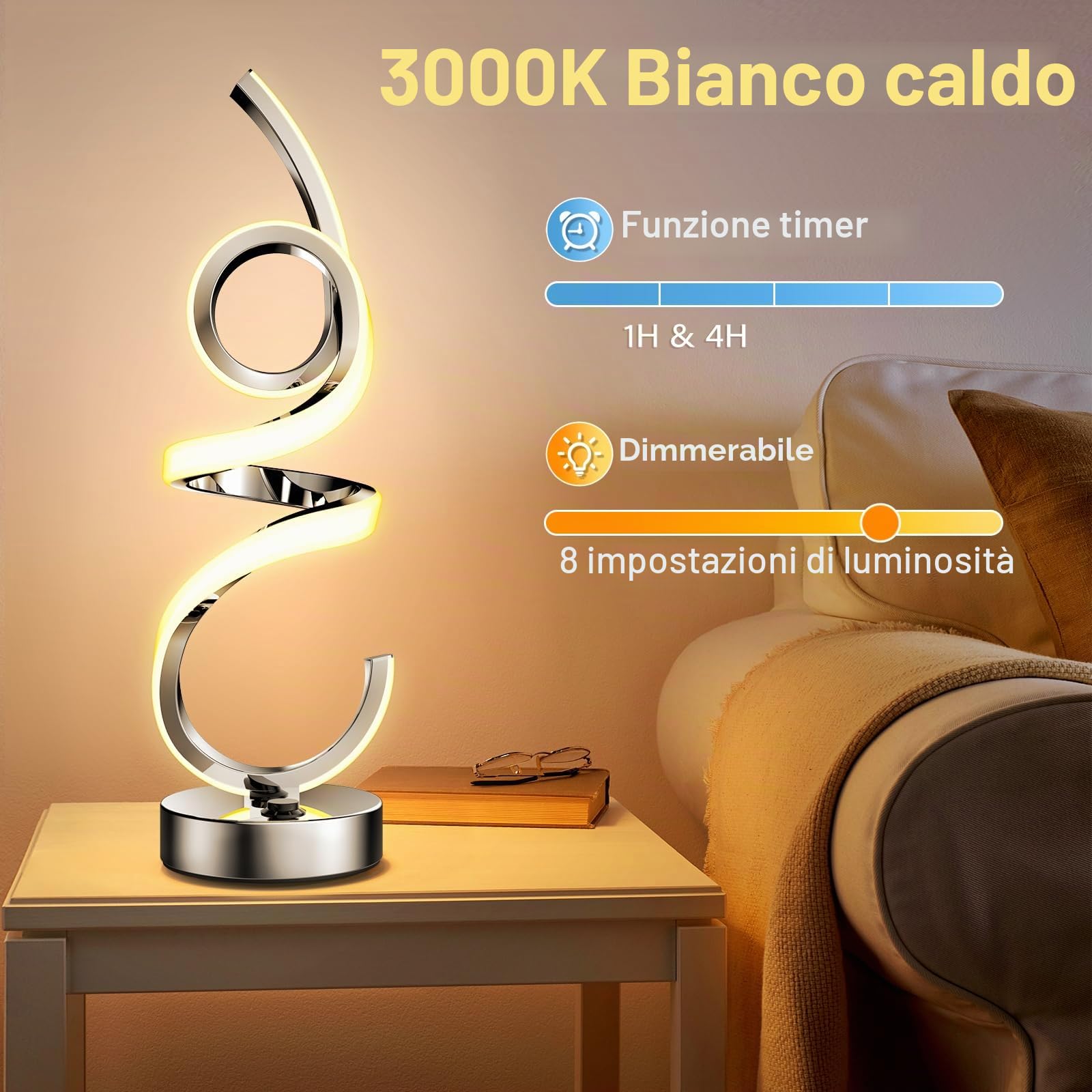 Lampada da comodino a LED dimmerabile, RGB bianco caldo, senza fili, a spirale, moderna, con batteria, ricaricabile, 10 modalità dinamiche con telecomando e timer, luce notturna per camera da letto