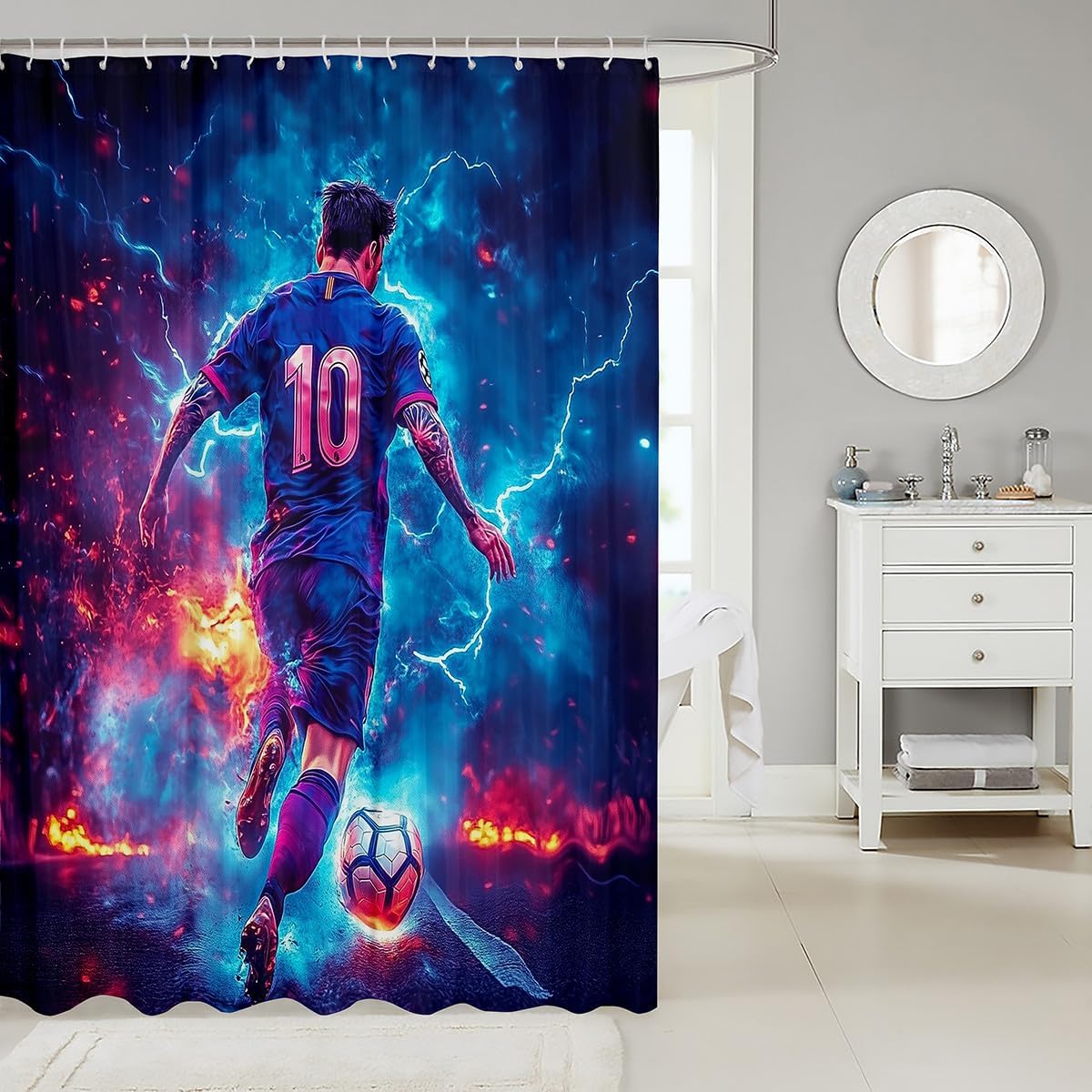 Homewish Soccer Kids Shower Curtains,Ball Sport Games Competition Gaming Bathroom Curtains for Boys Man,Lightning Light Fire Modern Fashion Waterproof Curtain,12 Hooks Suits,72" W x 78" L image 2