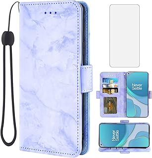 Asuwish Compatible with OnePlus 8T OnePlus8T Plus 9R 5G Case and Glass Screen Protector Card Holder Slot Marble Wallet Phone Covers for One Plus8T5G On + 1 Plus 8Tplus 1plus 8T+ One+ T8 1+ 1+8T Purple