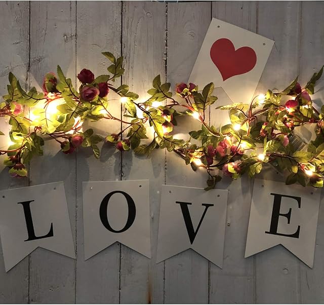 Fielegen 20 LED 2 Meter Rose Flower Garland String Lights, Battery Powered Artificial Flower Leaf Fairy String Lights for Wedding Party Valentine Decor Home Garden Decorations
