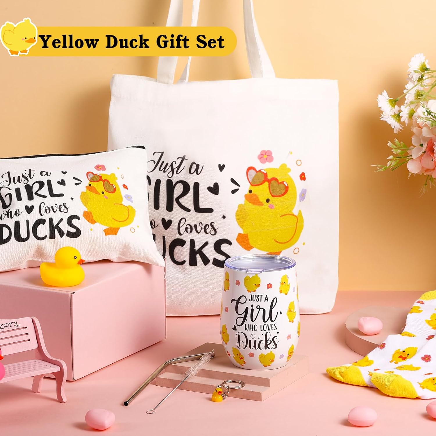 Duck Gifts, Cute Duck Stuff with Insulated Tumbler Canvas Bags Socks Keychain Rubber Duck Just a Girl Who Loves Ducks Christmas Birthday Present for Ducks Lovers Women Girls - Image 4
