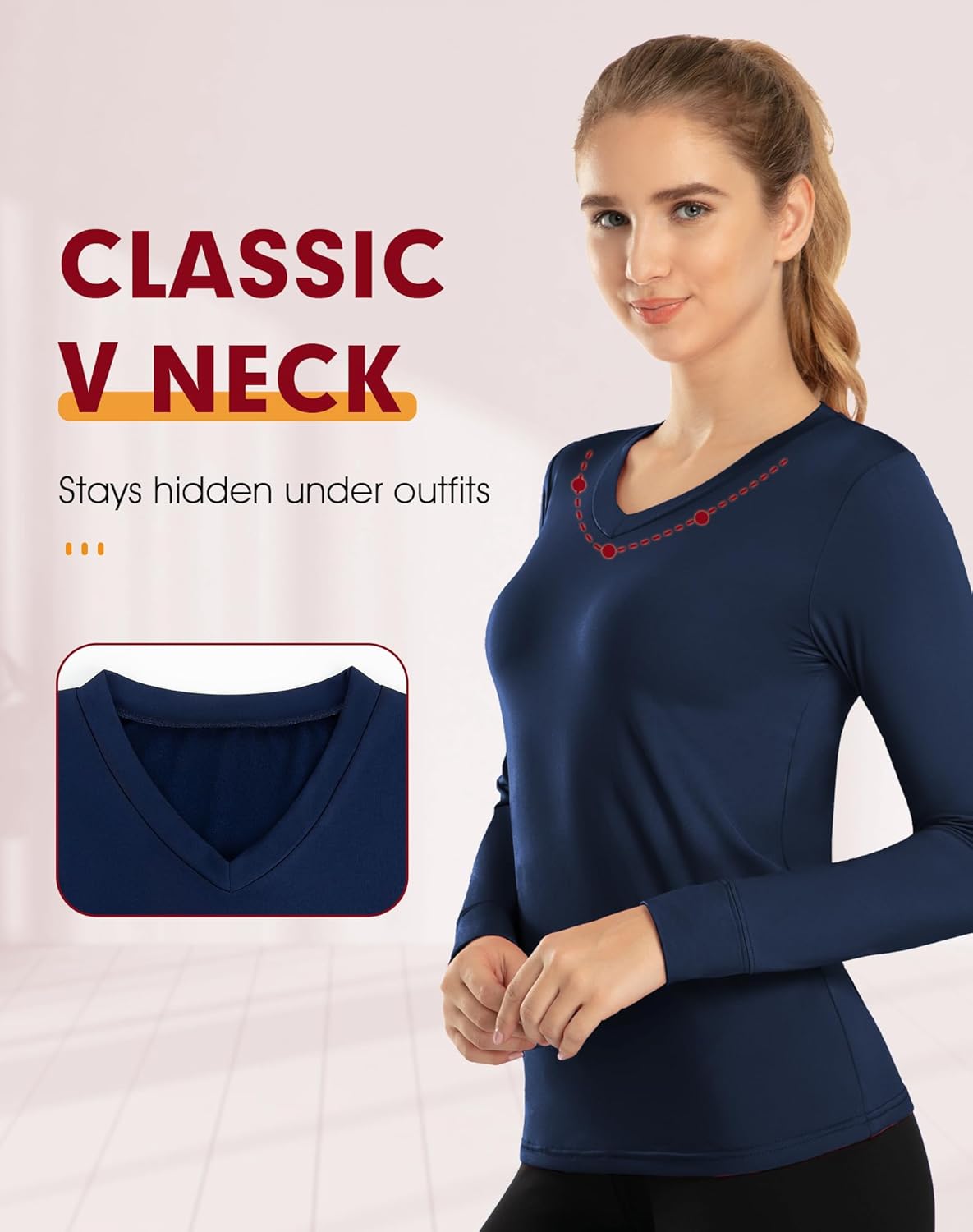 Women’s Thermal Tops Fleece Lined Long Sleeve Base Layer Shirt Soft V Neck Navy 3X-Large - Image 5