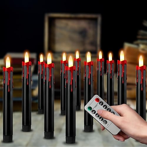 Riakrum Juego de 24 velas flotantes de goteo de sangre de Halloween, velas colgantes sin llama con cuerda remota y ganchos, funciona con pilas,