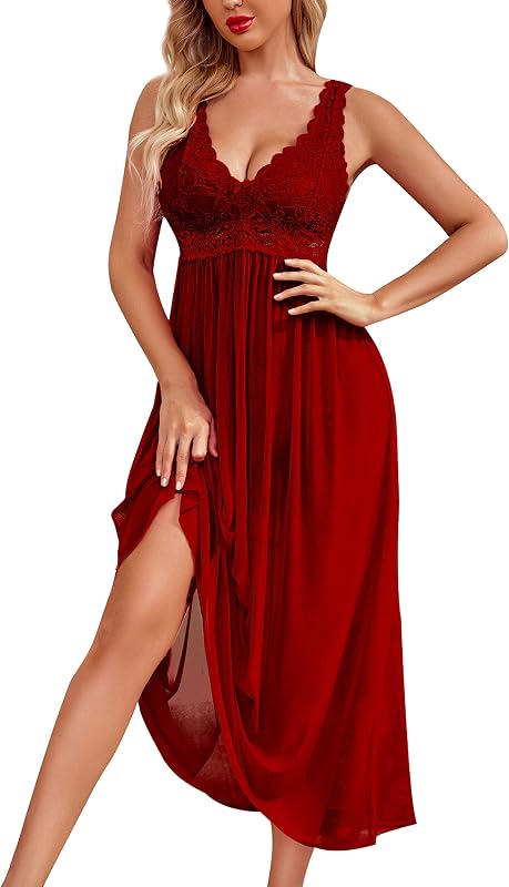 Avidlove Women Long Lace Babydoll Lingerie V Neck Mesh Chemise Sleepwear | V-Neck Long Sheer Mesh Sexy Babydoll Nightdress With Floral Lace Bust. Ideal For Intimate Wear And Nighttime Loungewear