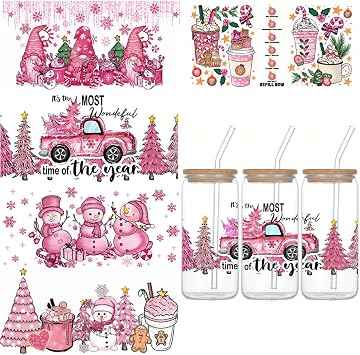 Christmas UV DTF Cup Wrap Stickers - 5 Sheets Pink Christmas Uvdtf Transfer Stickers for 16oz Glass Cups Cute Snowman Dwarf Car Gingerbread Man Xmas Rub on Transfer Decal for Libbey Tumblers DIY Craft