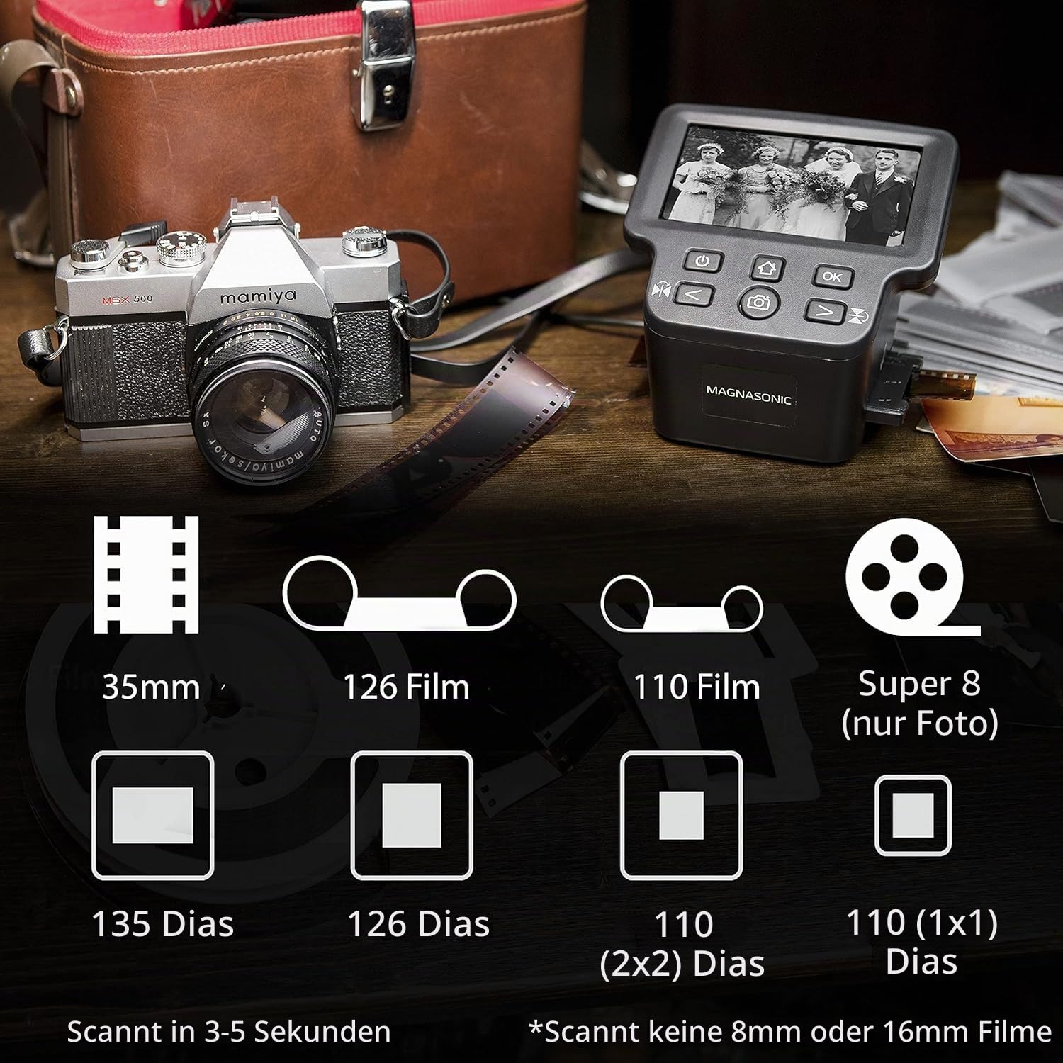 Magnasonic All-in-One 24MP-Filmscanner mit 5"-Display & HDMI, konvertiert 35mm/126/110/Super 8-Filme & Dias in Digitale Fotos, FS71
