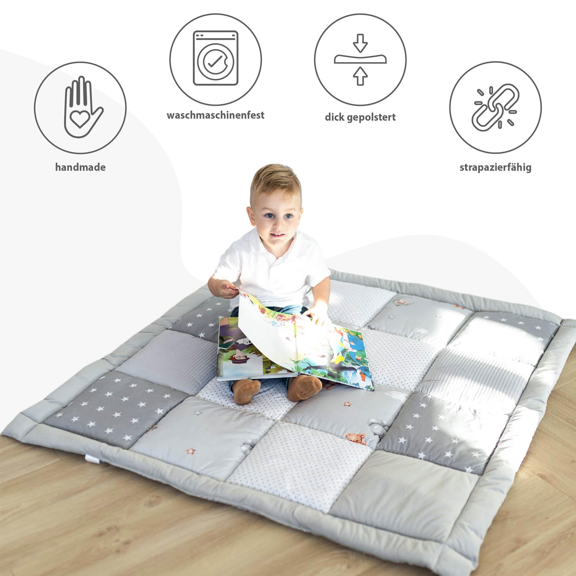 Tappeto gioco bambini per gattonamento 70x70 cm - Patchwork tappetino neonato cameretta bambina e bambino tappeti stanza per gattonare bimbi Oeko-Tex Orsacchiotti