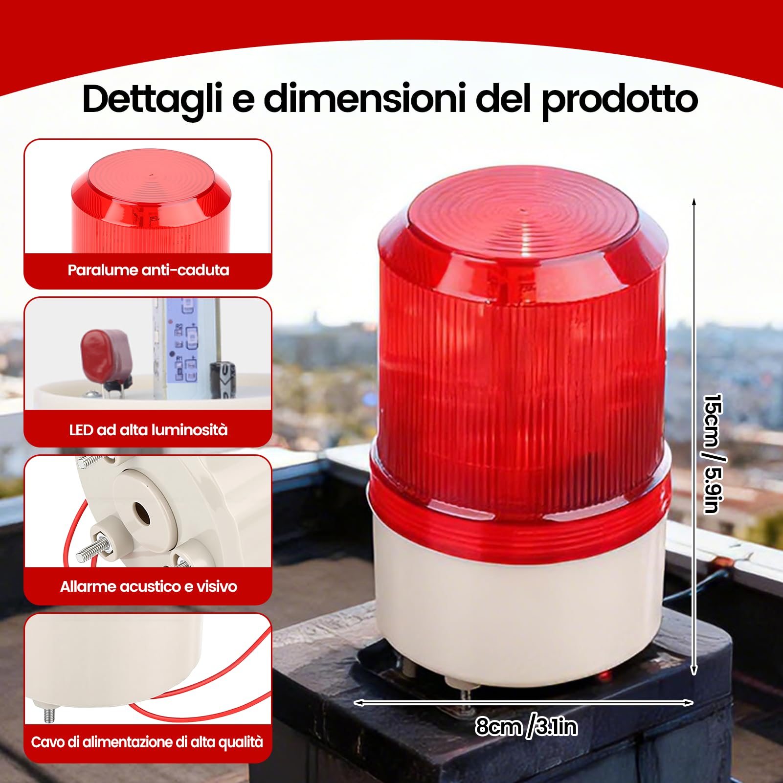2Pcs Sirena Allarme Esterno 220V con Luce Stroboscopica LED Rossa e Allarme Sonoro 100dB – Spia Luminosa Rotante per Sicurezza Industriale, Cantieri e Aree Pericolose