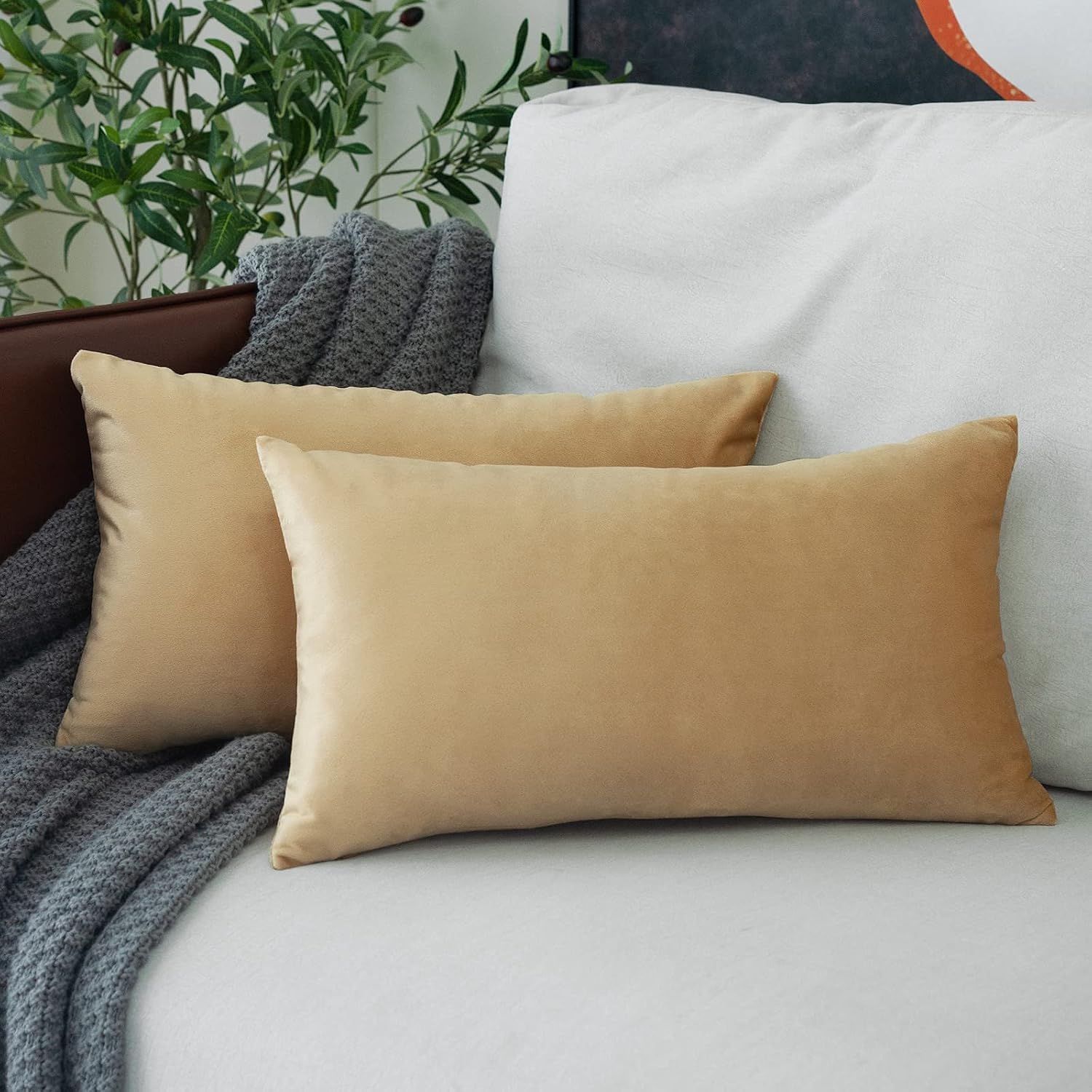 MUDILY Pack of 2 Soft Velvet Decorative Back Protect Oblong Throw Pillow Covers Rectangle Cushion Case Decor Handmade Pillowcases for Sofa Chair Bedroom Car, Beige 12 x 20 Inch 30 x 50 cm