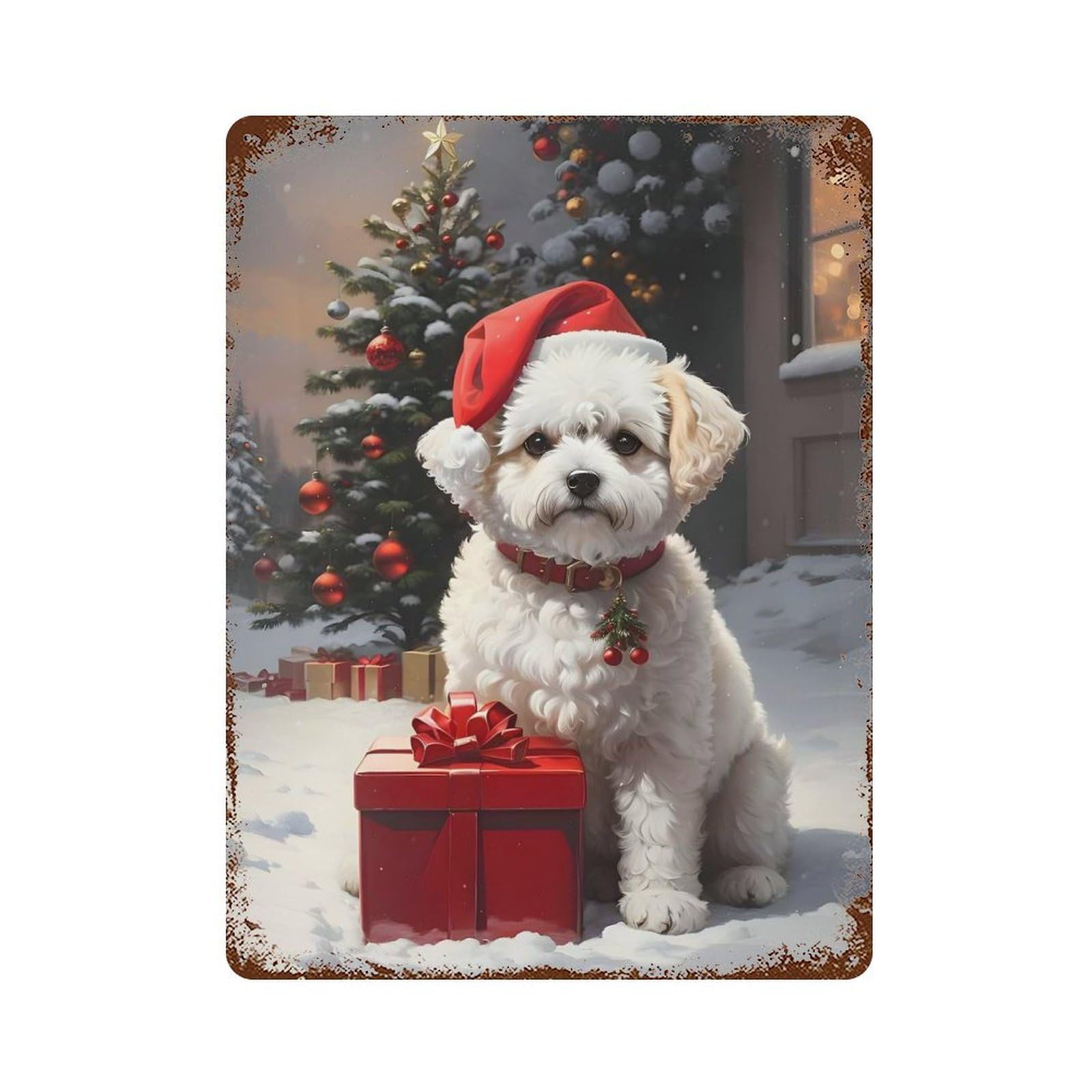 Garage Style Bichon Fris Christmas Dog Vintage Rust Metal Sign 15.7"x11.8", Industrial Home Decor for Bar And Workshop