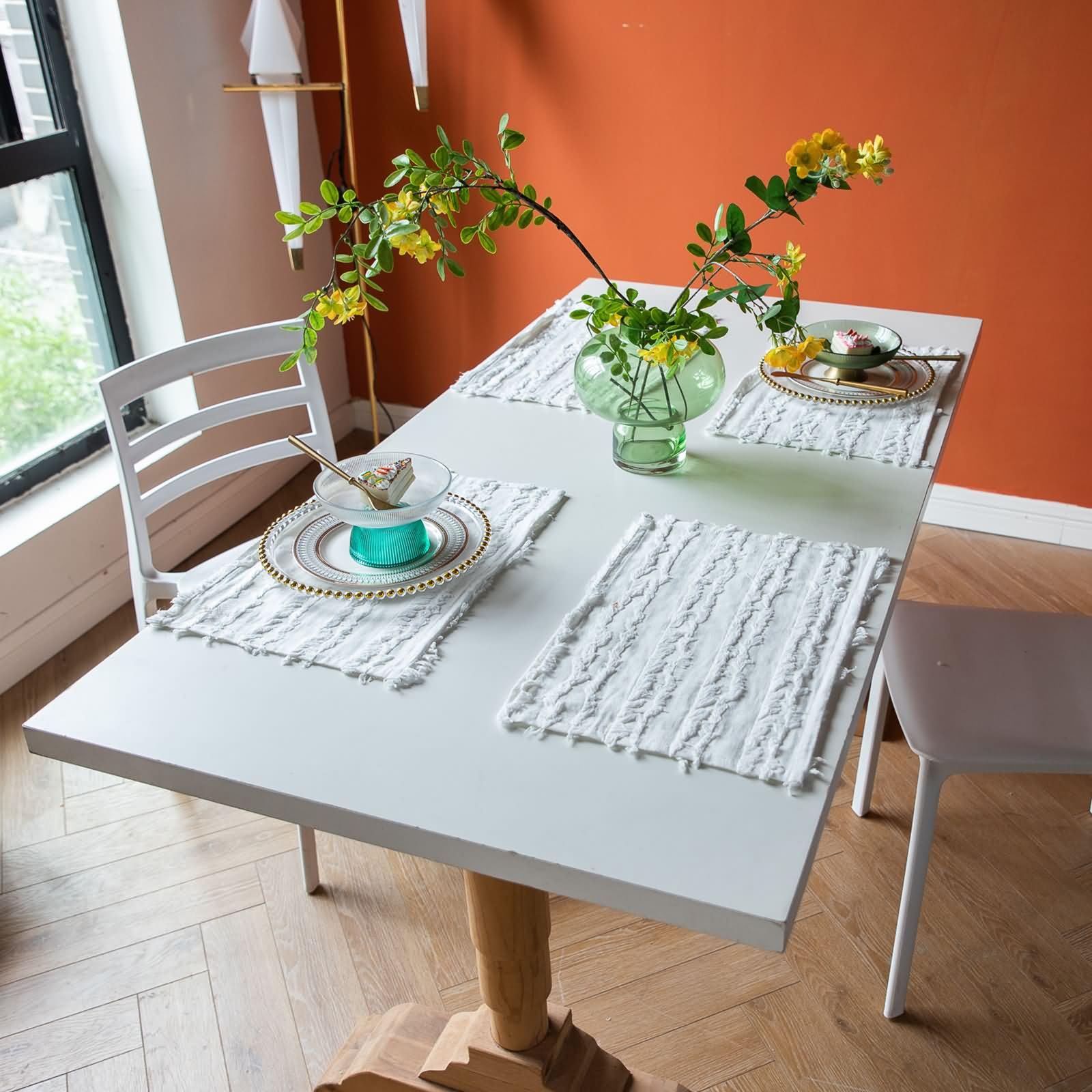Set de Table Rectangulaire, 30 x 45 CM, 8PCS, Set de Table Coton Lin Rayures Découpées Style Française, Blanc