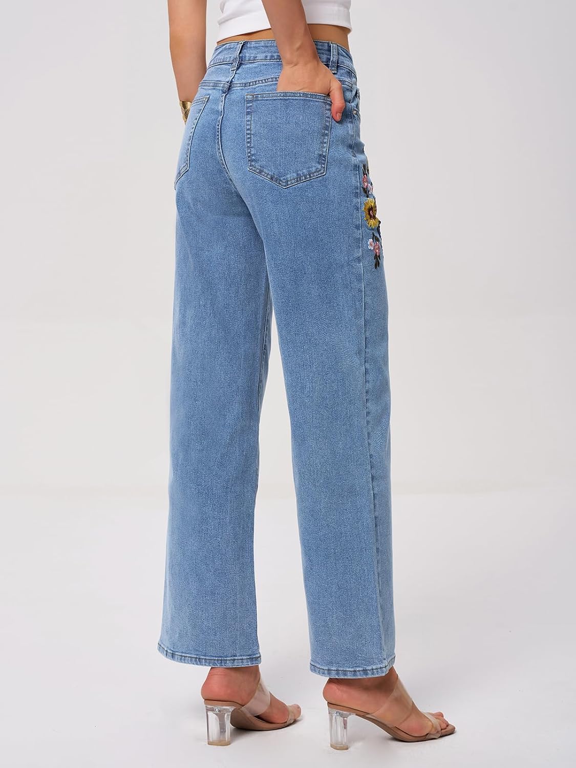 Kedera Women's Floral Embroidered Wide Leg Straight Jeans Mid Rise Stretch Denim Pants Mid Rise Denim Jeans with Pockets