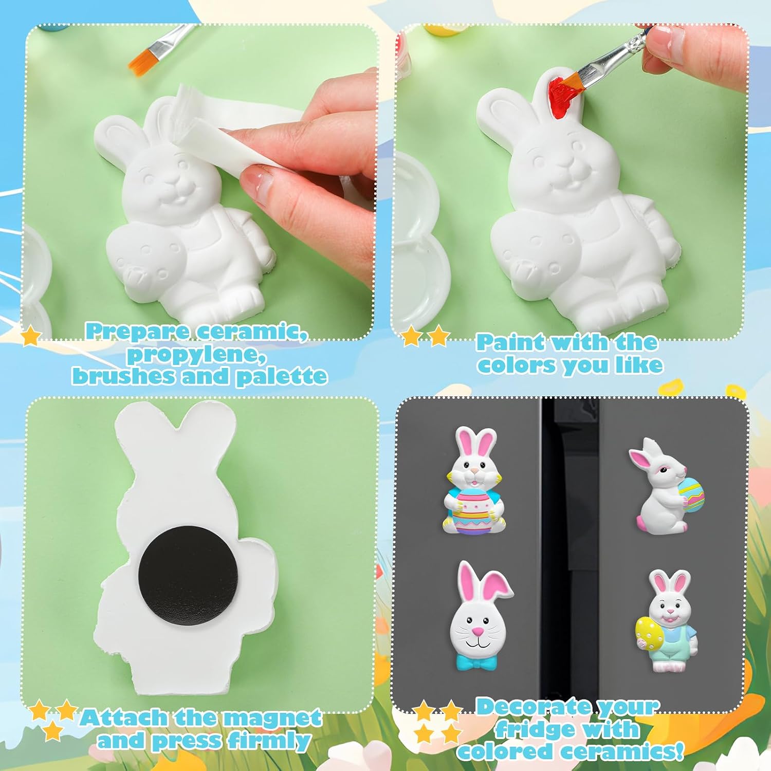 Sinmoe 12 Sets Easter Painting Kit for Kids Unpainted DIY Ceramic to Paint Figurines Paint Your Own Figurines Easter Basket Stuffers Egg Bunny Gnomes Carrot Flower Refrigerator Magnets for Toddler image 4