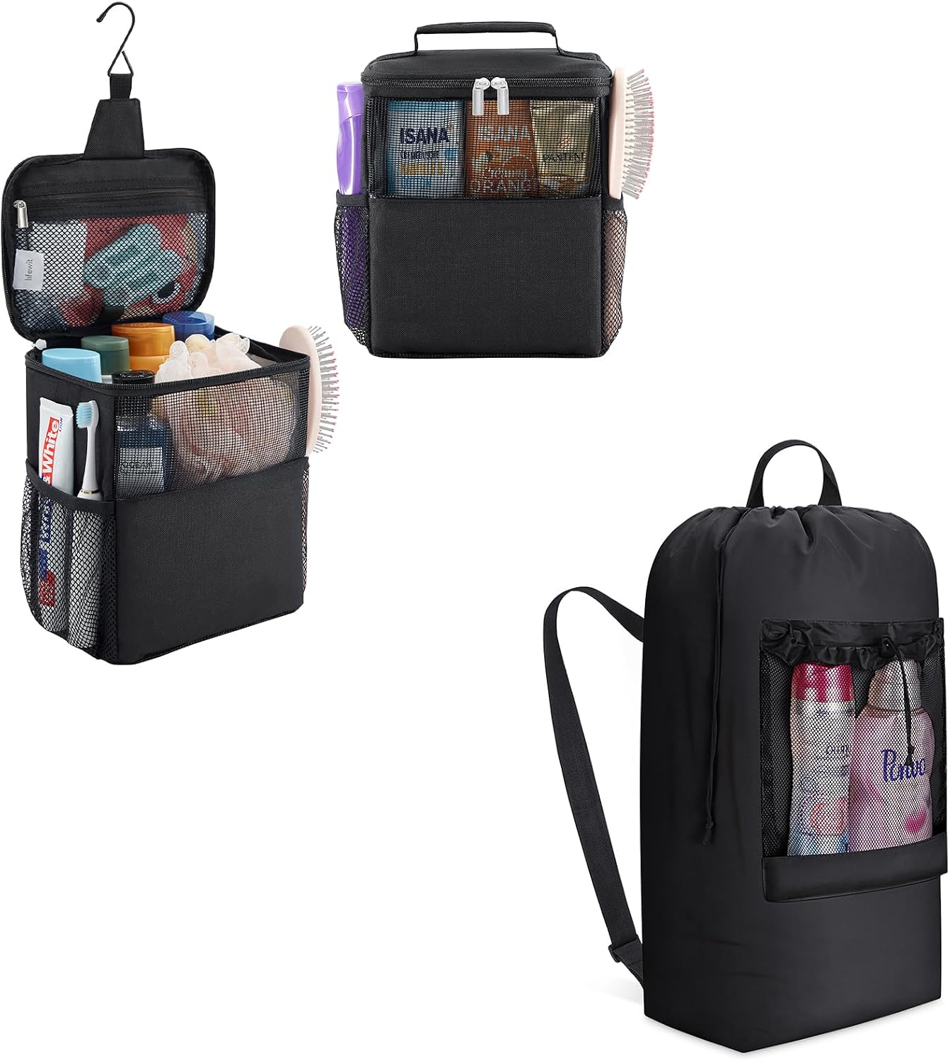 Lifewit 1 Pack Mesh Shower Caddy Bag and 1 Pack Extra Large Laundry Backpack with Shoulder Straps and Mesh Pocket