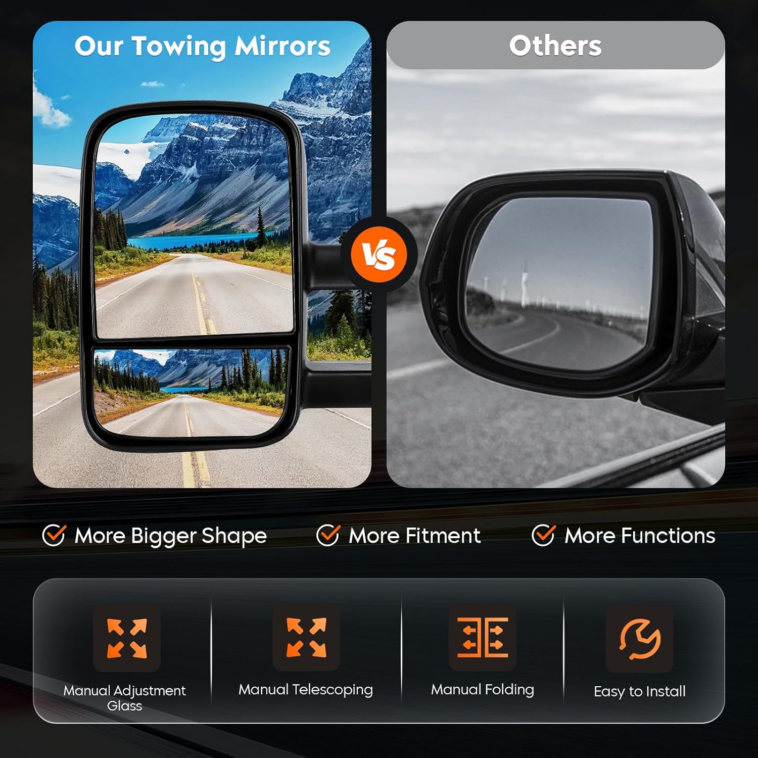 Youxmoto Towing Mirrors fit for 07-13 For Chevy GMC; 2008-2013 Silverado Sierra 1500 2500HD 3500 / Suburban/Avalanche/Yukon Pickup Truck Mirrors, Manual Folding&Telescoping; Black