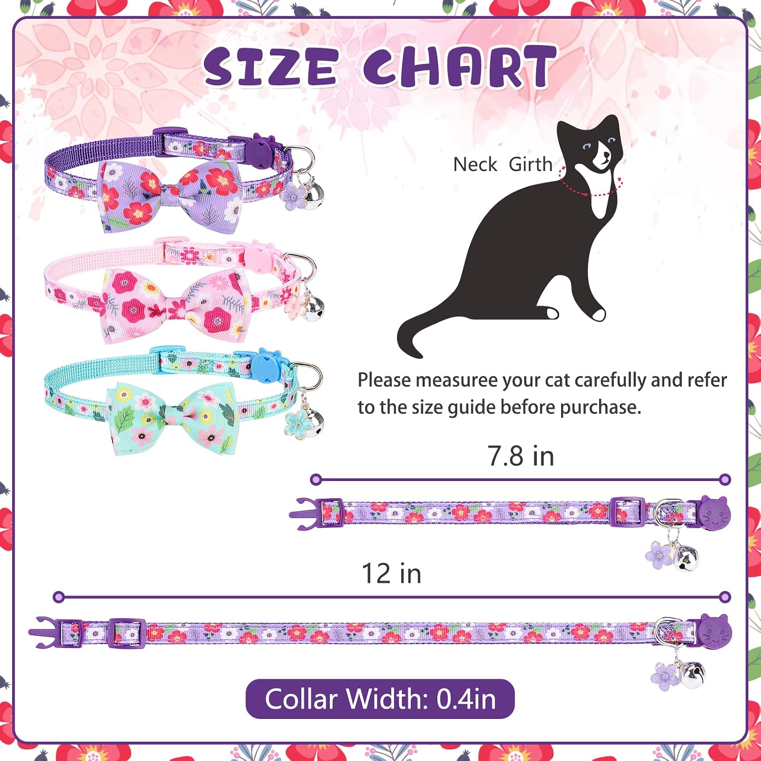 KOOLTAIL Breakaway Cat Collar with Bells - 3 Pack Spring Holiday Adjustable Floral Safety Kitten Collars (Flower Pattern)