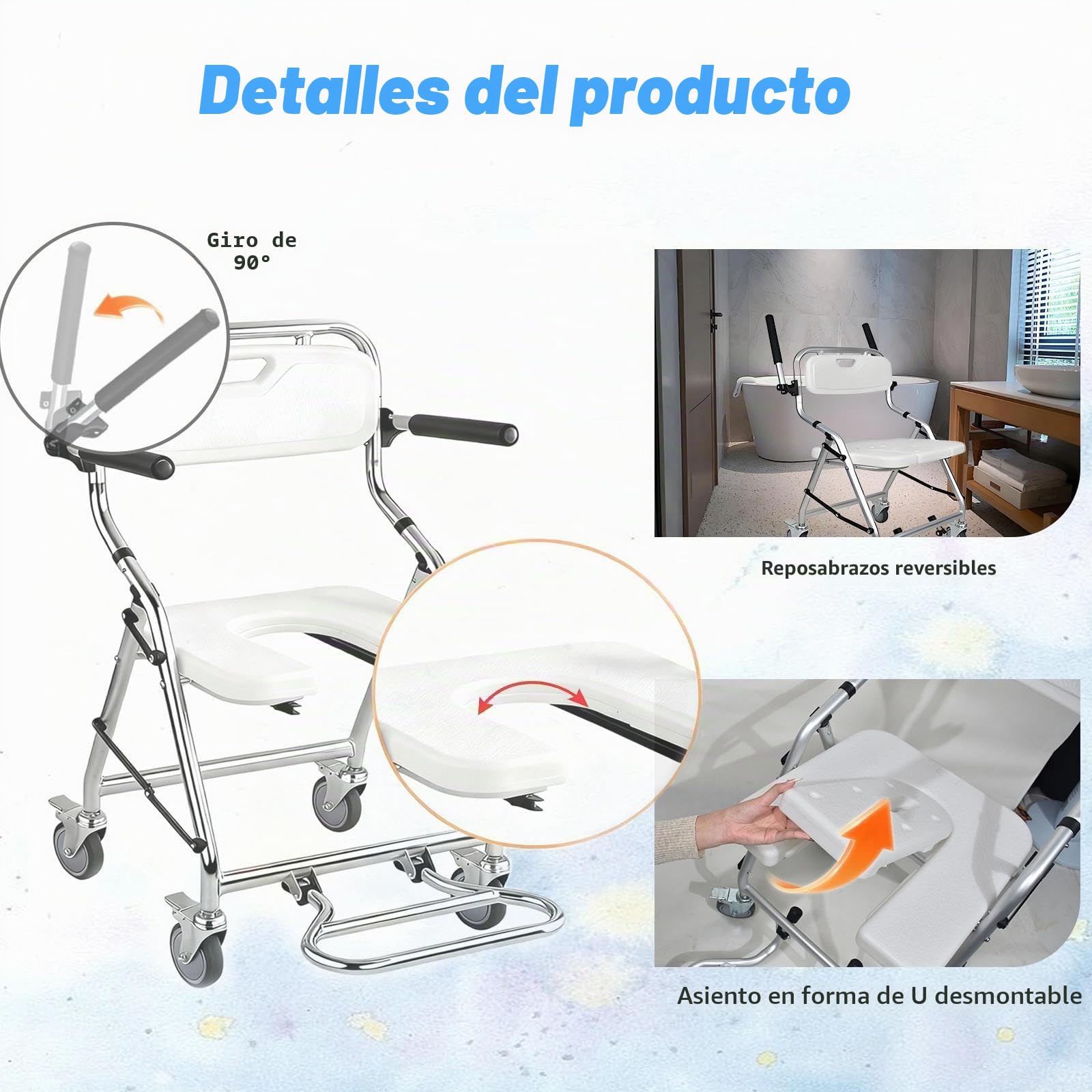 Silla Ducha WC con Ruedas para Personas Mayores, 3 en 1 Taburete de Ducha Plegable con Pies Abatibles, Silla Baño Ancianos Ducha con ReposabrazosCarga, Máxima 120kg