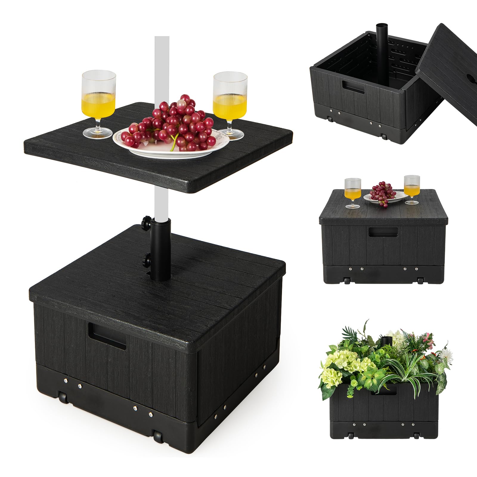 KOMFOTTEU Soporte para Sombrilla con Ruedas y Bandeja de Mesa, Base de Sombrilla Rellenable de 45L de Agua/67kg de Arena, Base para Sombrilla de 38/48 mm con Asa