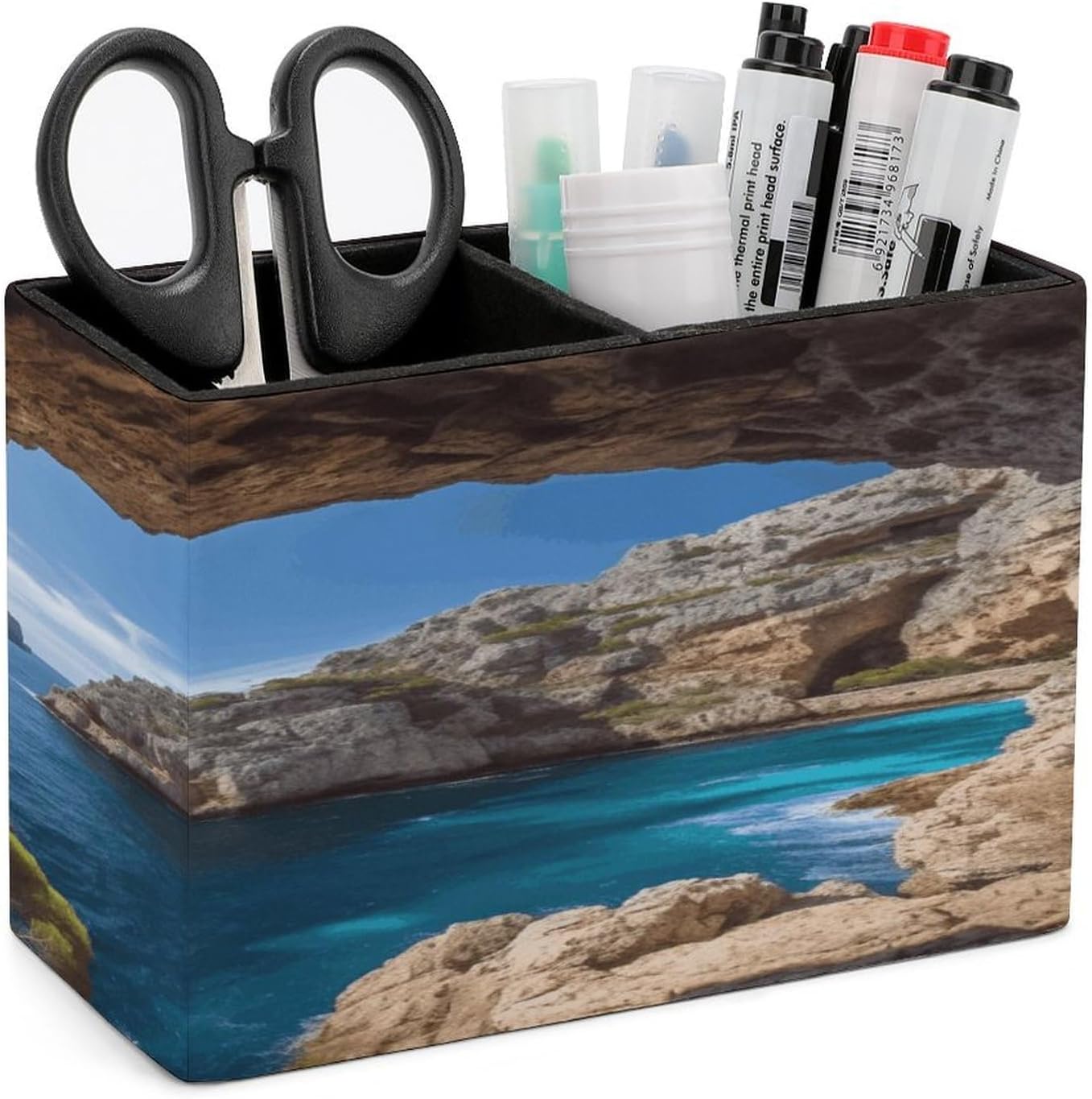 Arch in Mallorca Spain Pen Holder Double Compartments Pen Cup Fashion Makeup Brush Holders Leather Pencil Holder for Work Locker Accessories Modern Pencil Cup for Desk Organizer