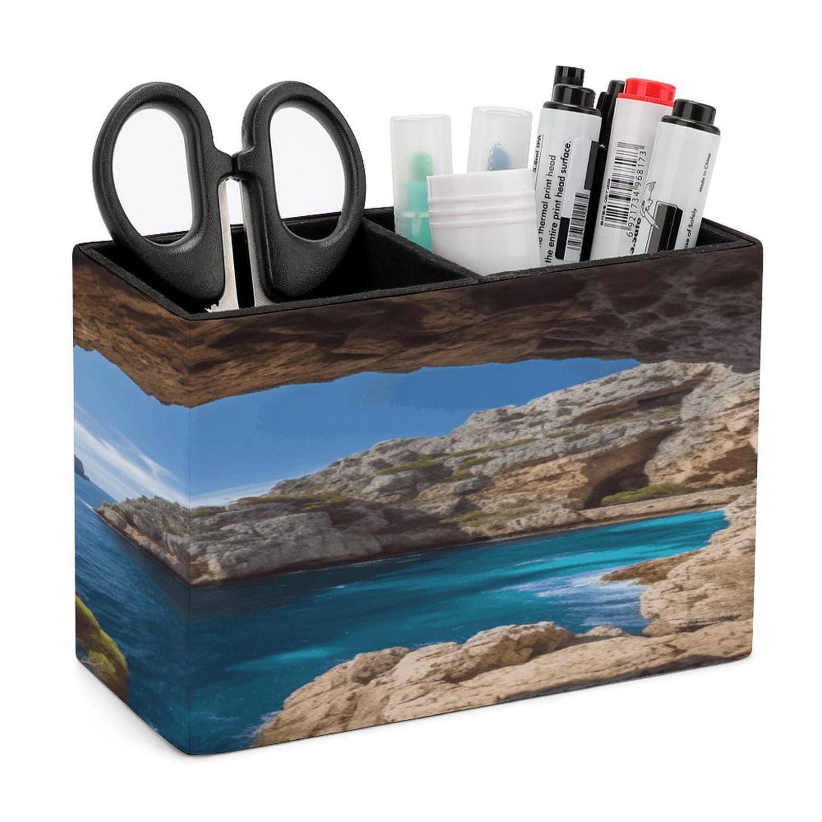 VstaDank Arch in Mallorca Spain Pen Holder Double Compartments Pen Cup Fashion Makeup Brush Holders Leather Pencil Holder for Work Locker Accessories Modern Pencil Cup for Desk Organizer