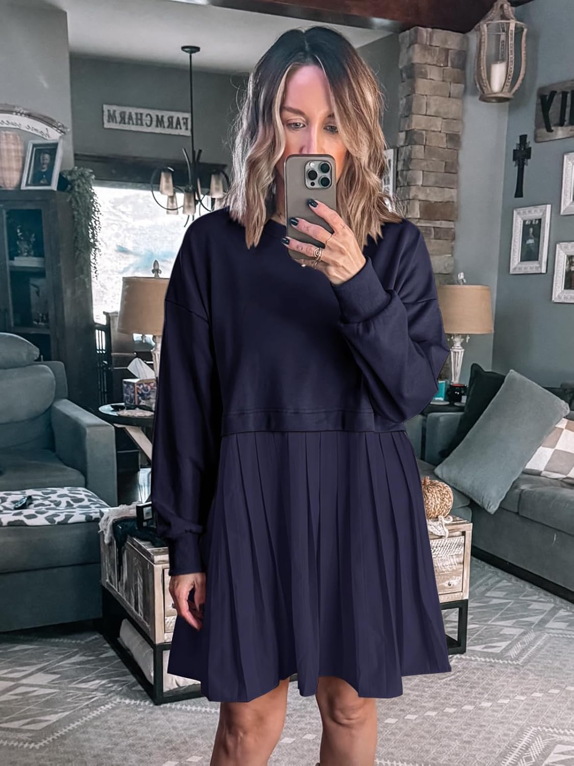 Dokuritu Sweatshirt Dress Women Crew Neck Long Sleeve Patchwork Pullover Tops Flowy Oversized Sweatshirt Mini Dress - Image 5