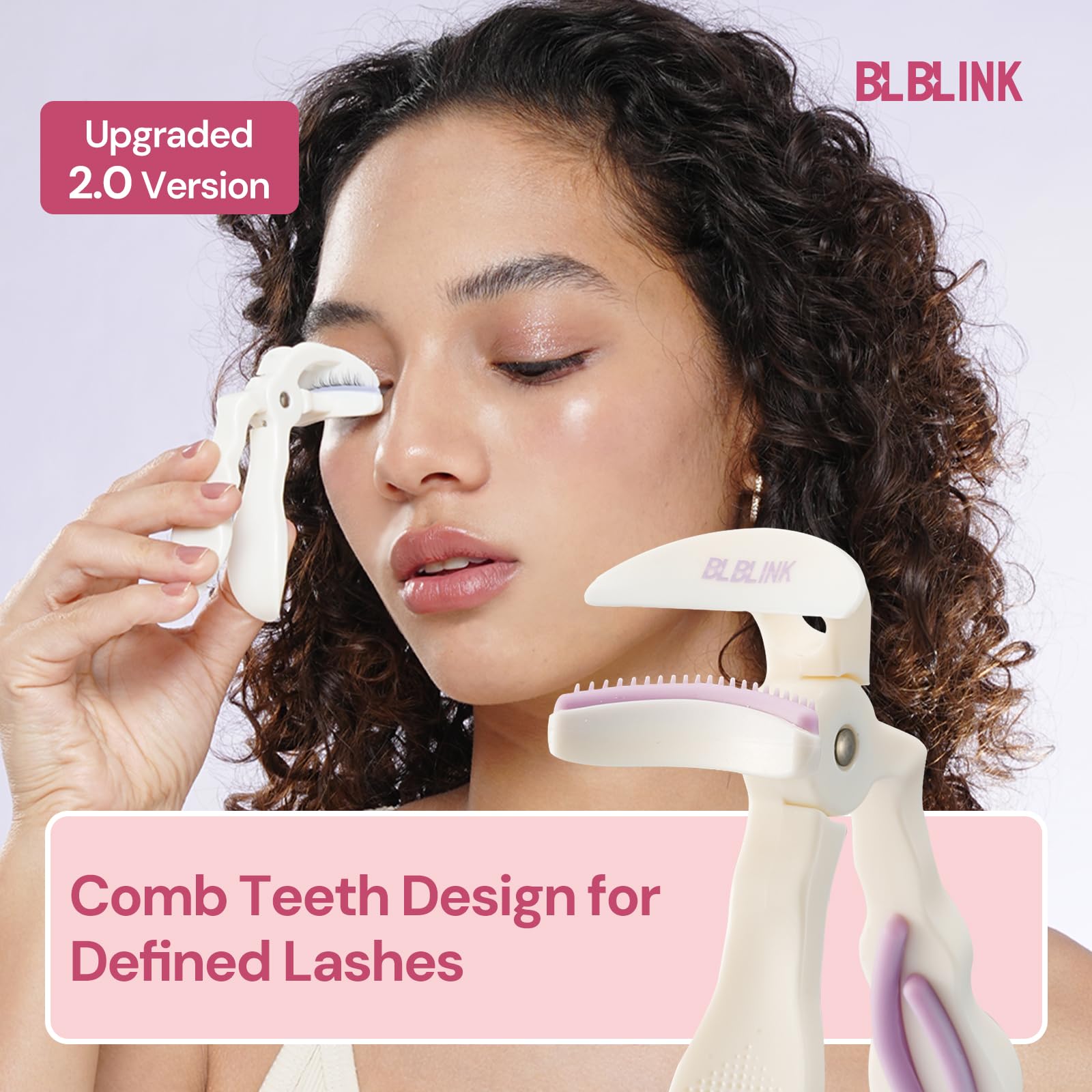 BLBLINK Innovative Straight-Handle Wide-Angle Comb Eyelash Curler with Silicone Refill Pads,No Pinching or Pulling Makeup Tool for Women, White