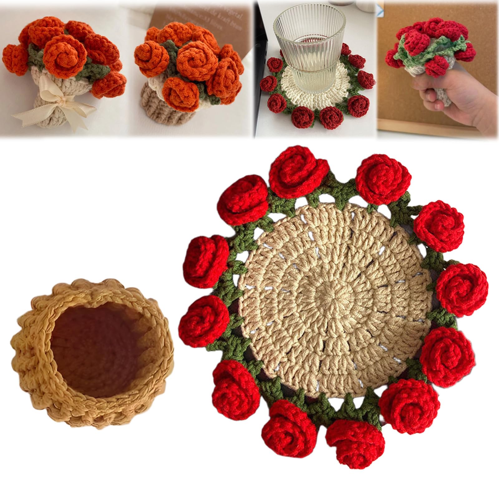 Flower Bouquet Blanket Coasters, Tabletop Potted Flowers, Mini Handmade Crochet Rose Romantic Knitted Gift for Girls Mom for Birthday, Anniversary, Valentines,Red